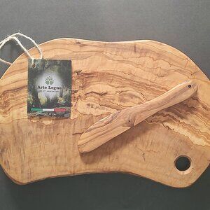 Handmade Olive Wood Charcuterie Bread Cheese Cutting Board w Spread Knife 12x7"